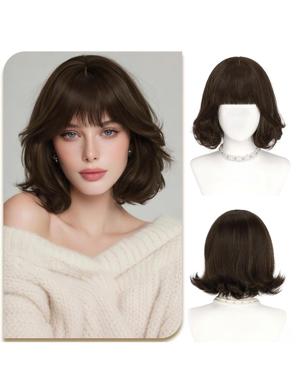 12 Inch Women's Chestnut Brown with Highlight Layered Synthetic Bob Wig Bangs